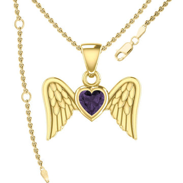 Gemstone Heart and Flying Angel Wings Yellow Gold Pendant GPD5228 - Jewelry